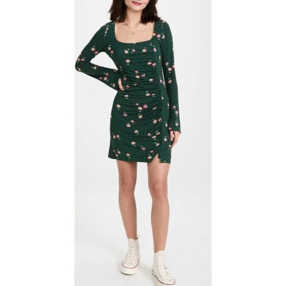 Free People Celia Mini Dress Size Small Green Flower Short Dress Long Sleeve - Picture 1 of 7